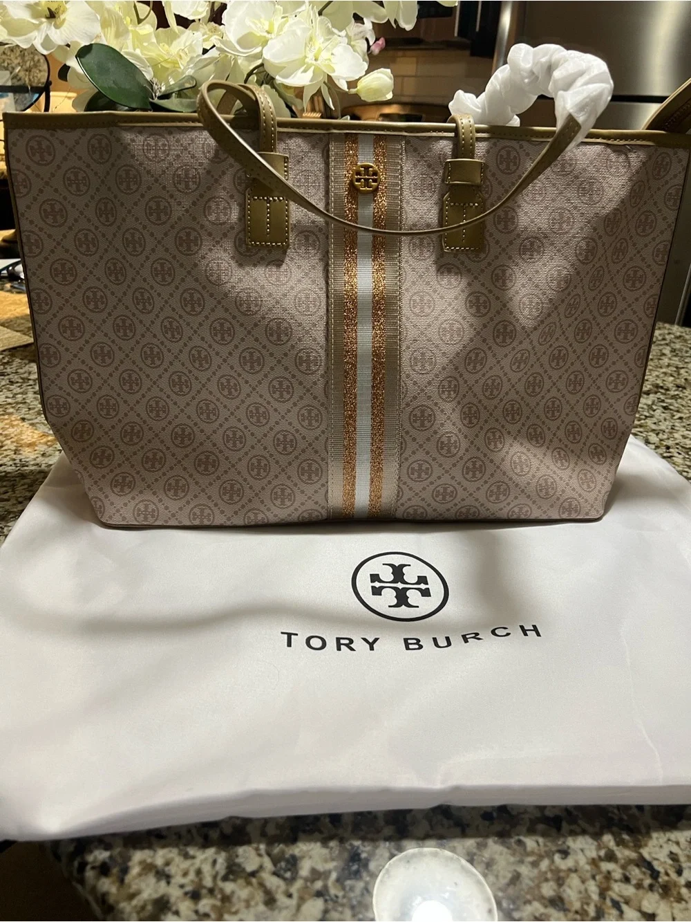 Tory Burch Blush Logo Stripe Tote with Olive Trim